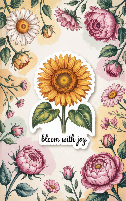 Vintage Floral Art Print, Sunflower and Peonies, Bloom with Joy Poster, Botanical Wall Decor, Colorful Spring Flowers Illustration