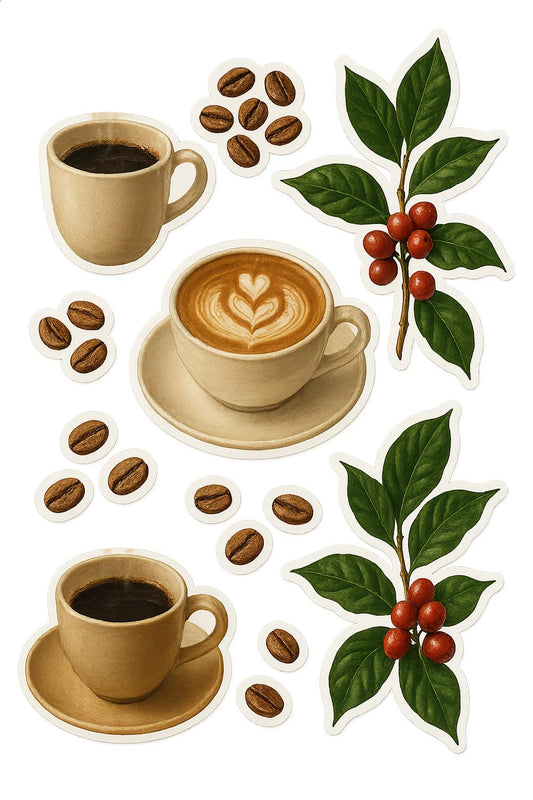 Coffee Lover Sticker Pack, Espresso Beans, Latte Art, Coffee Cup, Plant Leaves Decals
