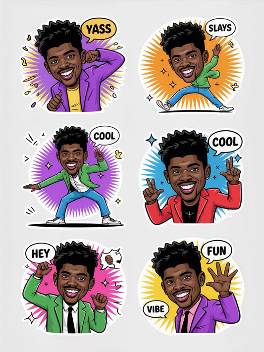 Vibrant Cartoon Stickers, Young Man Expressions, Fun Sassy Cool Vibes, Colorful Fashion, Party Favors, Laptop Decals, Set of 6