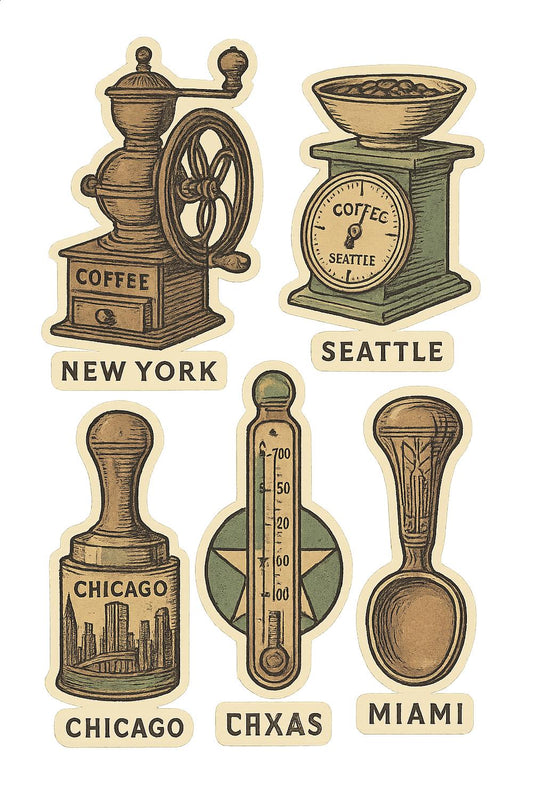 Vintage Coffee Grinder and Scale Stickers, City-Themed, Retro Design, New York, Seattle, Chicago, Miami, Unique Travel Decals
