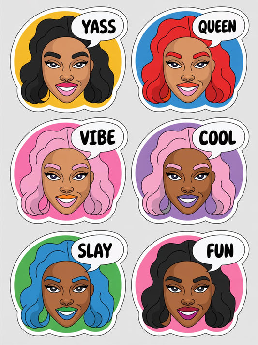 Colorful Pop Art Stickers, Diverse Women Faces, Fun Queen Yass, Slay Vibe Cool, Trendy Decals 6-Pack