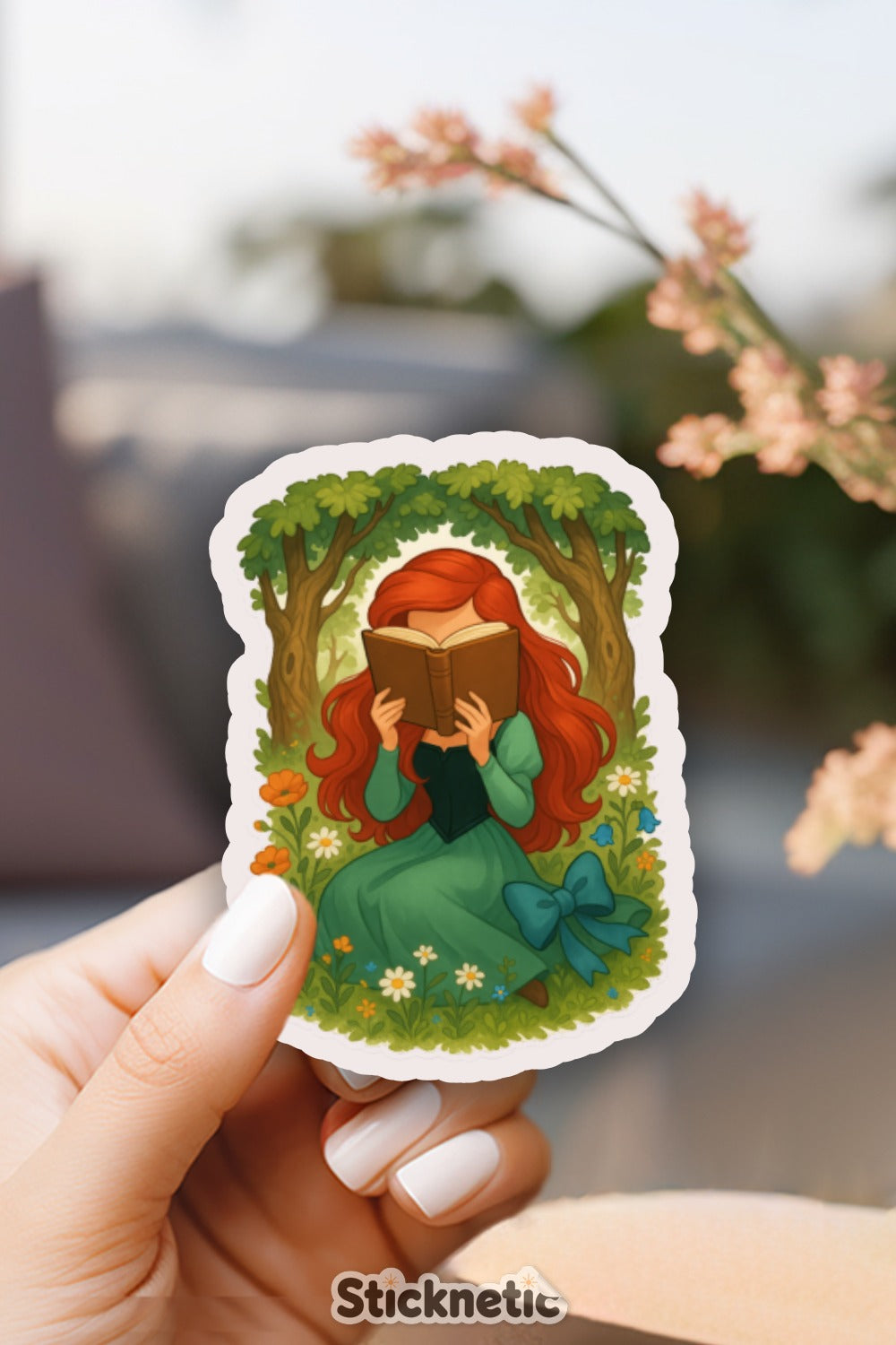 Nature Inspired Reading Girl Vinyl Sticker, Tree and Book Lover Decal, Waterproof and Durable Laptop Sticker