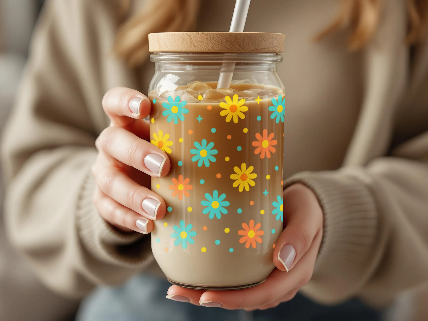 Floral Pattern Reusable Glass Coffee Cup, Eco-Friendly Travel Mug with Lid and Straw, Colorful Flower Design