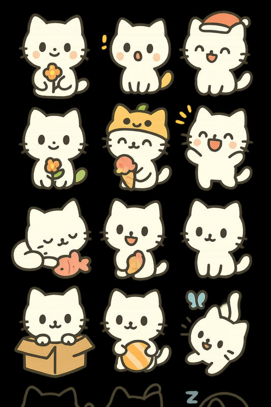 Cute White Cat Stickers, Kawaii Kitty Emoticons, Adorable Animal Decals, Playful Cats for Scrapbooking, Journaling, Crafting Set