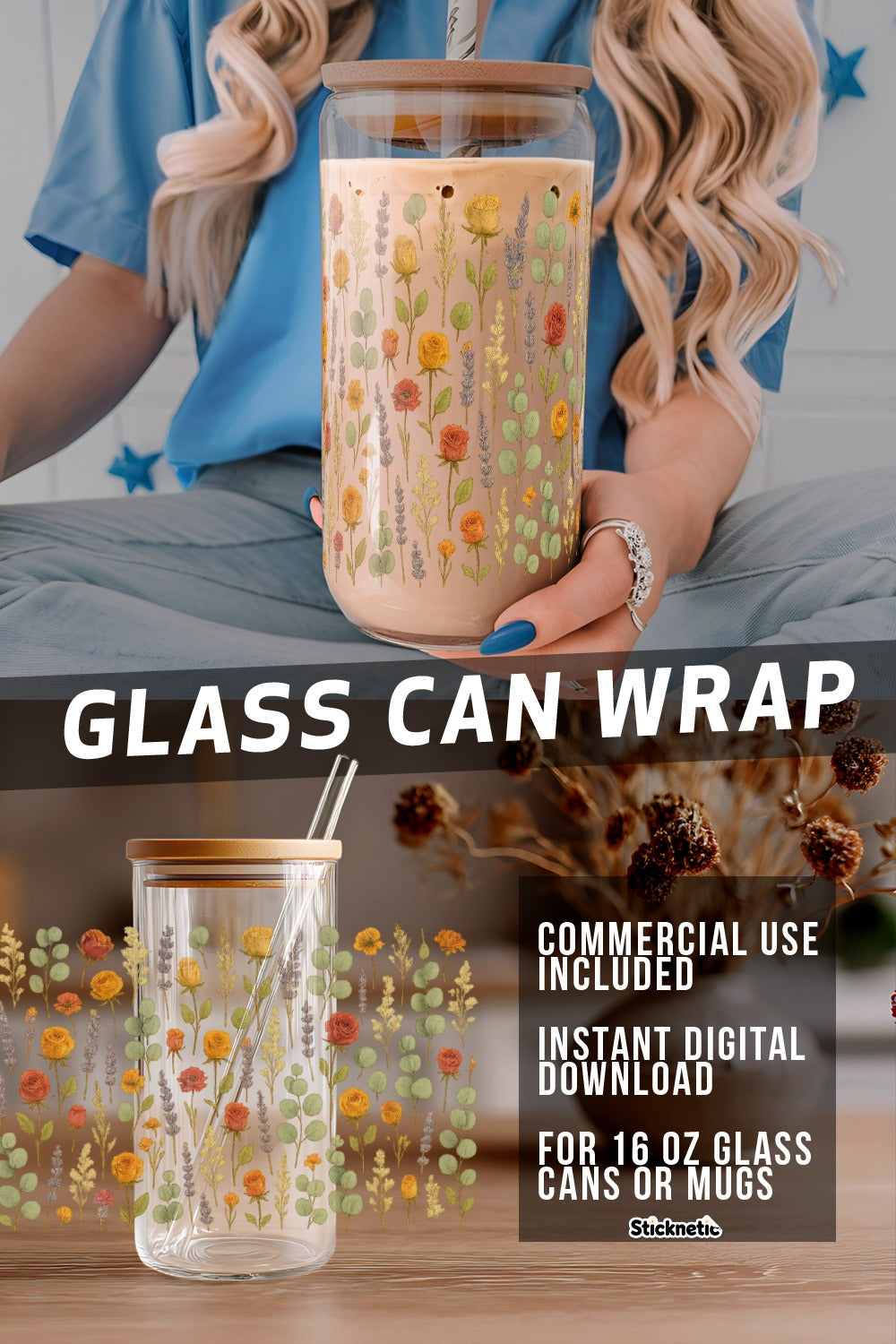 Floral Glass Can Wrap Design, Instant Download, Commercial Use, 16 oz Mug Decal Digital File