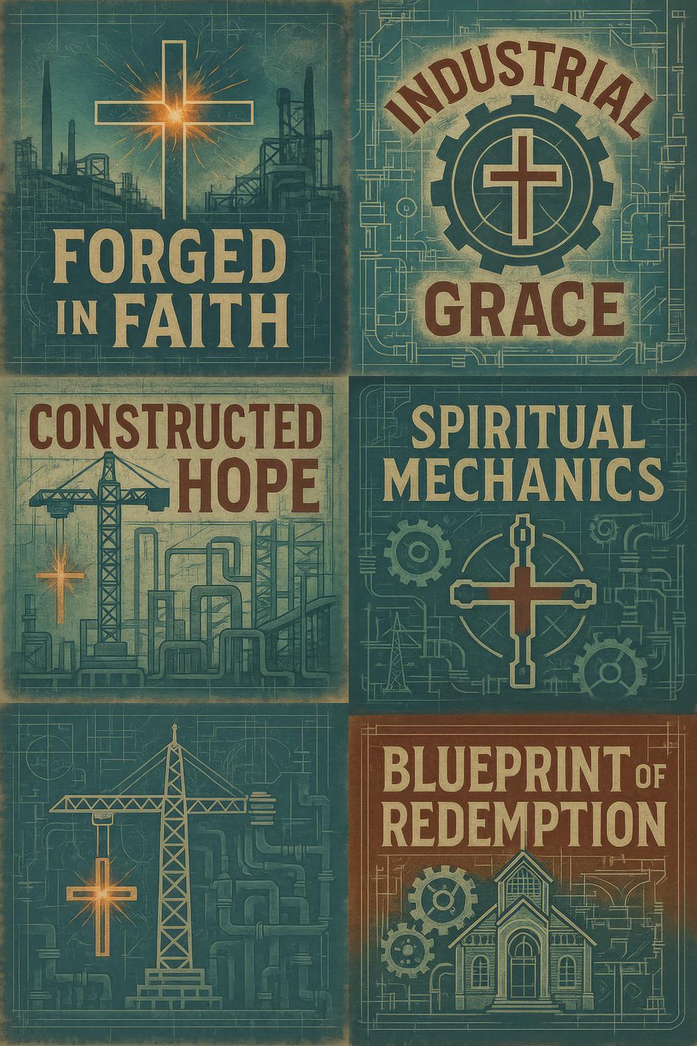 Vintage Industrial Poster Set, Forged Faith, Constructed Hope, Spiritual Mechanics, Blueprint of Redemption Art Prints