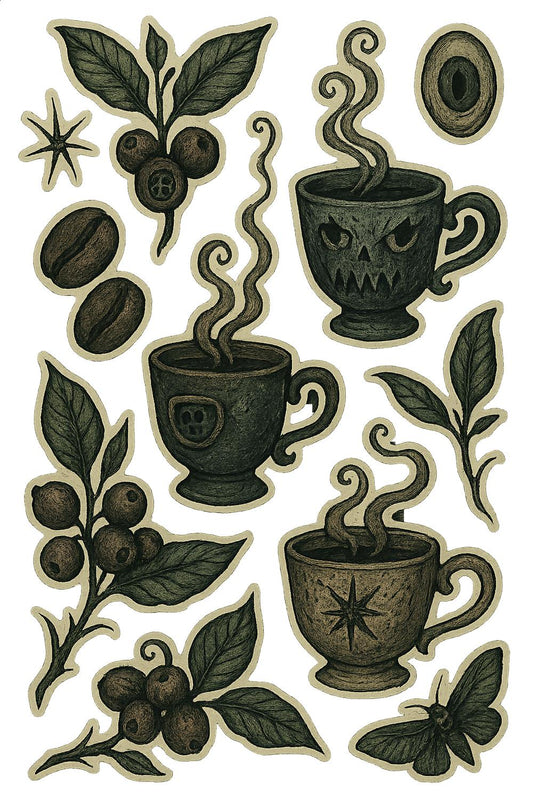 Vintage Coffee-Themed Illustration Art Print, Antique Style Coffee Cups and Beans, Botanical Drawing, Kitchen Wall Decor