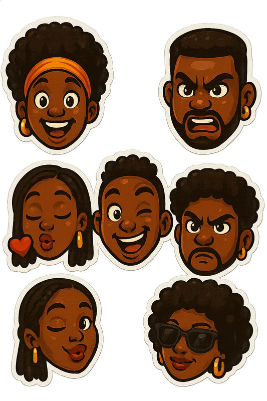African American Cartoon Stickers, Diverse Expressions, Vinyl Decal Set, Character Faces, Fun and Trendy Illustration Sticker Pack