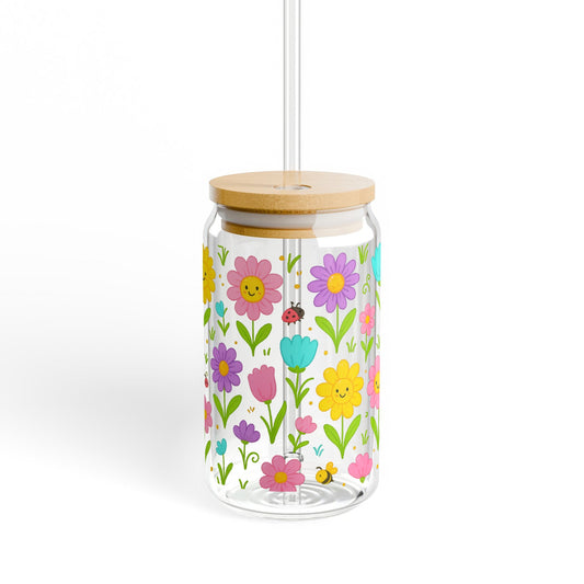 Colorful Floral Pattern Glass Jar with Wooden Lid, Spring Flower Print, Decorative Storage Container for Kitchen