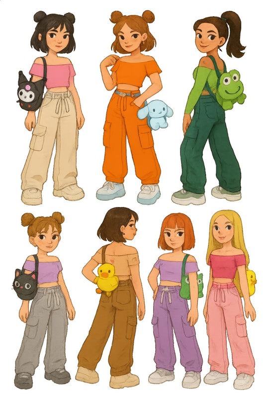 Colorful Cartoon Girls Art Print, Anime-Inspired Fashion Illustration, Cute Teen Characters Poster