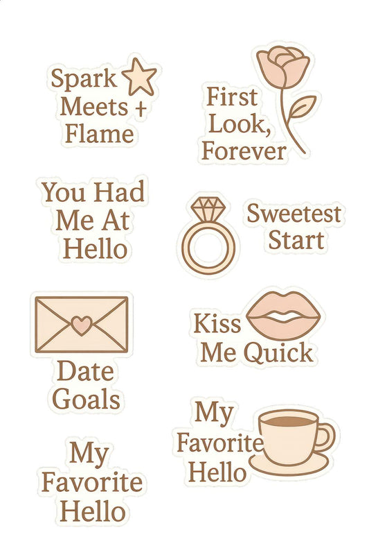 Romantic Sticker Pack, Love Quotes, Coffee Cup, Rose, Ring, Kiss Lips, Star, Mail Icons
