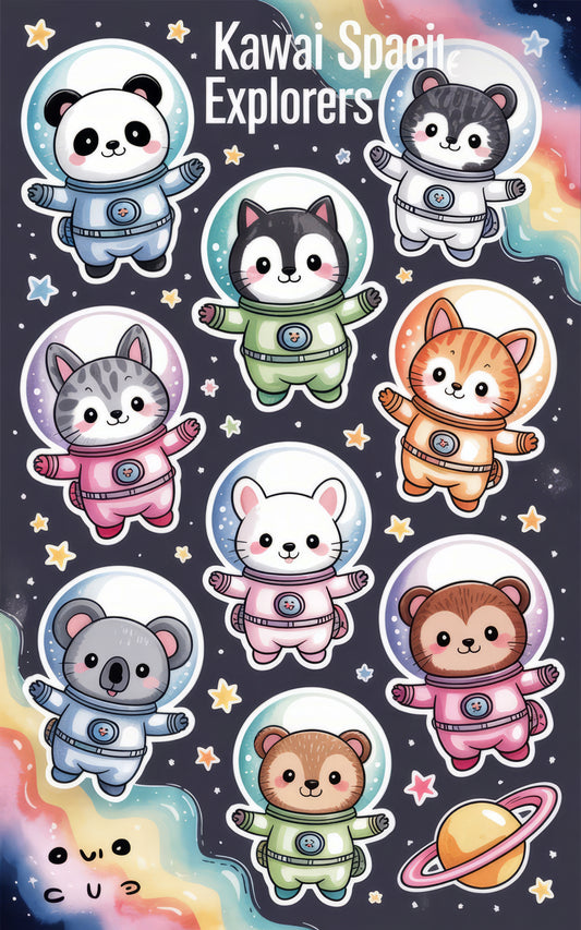 Kawaii Space Explorers Stickers, Cute Astronaut Animals, Panda, Fox, Bear, Cat, Otter, Gift Idea