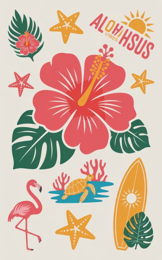 Tropical Beach Wall Art, Aloha Vibes, Surfboard, Flamingo, Sea Turtle, Hibiscus Flower Print Decor