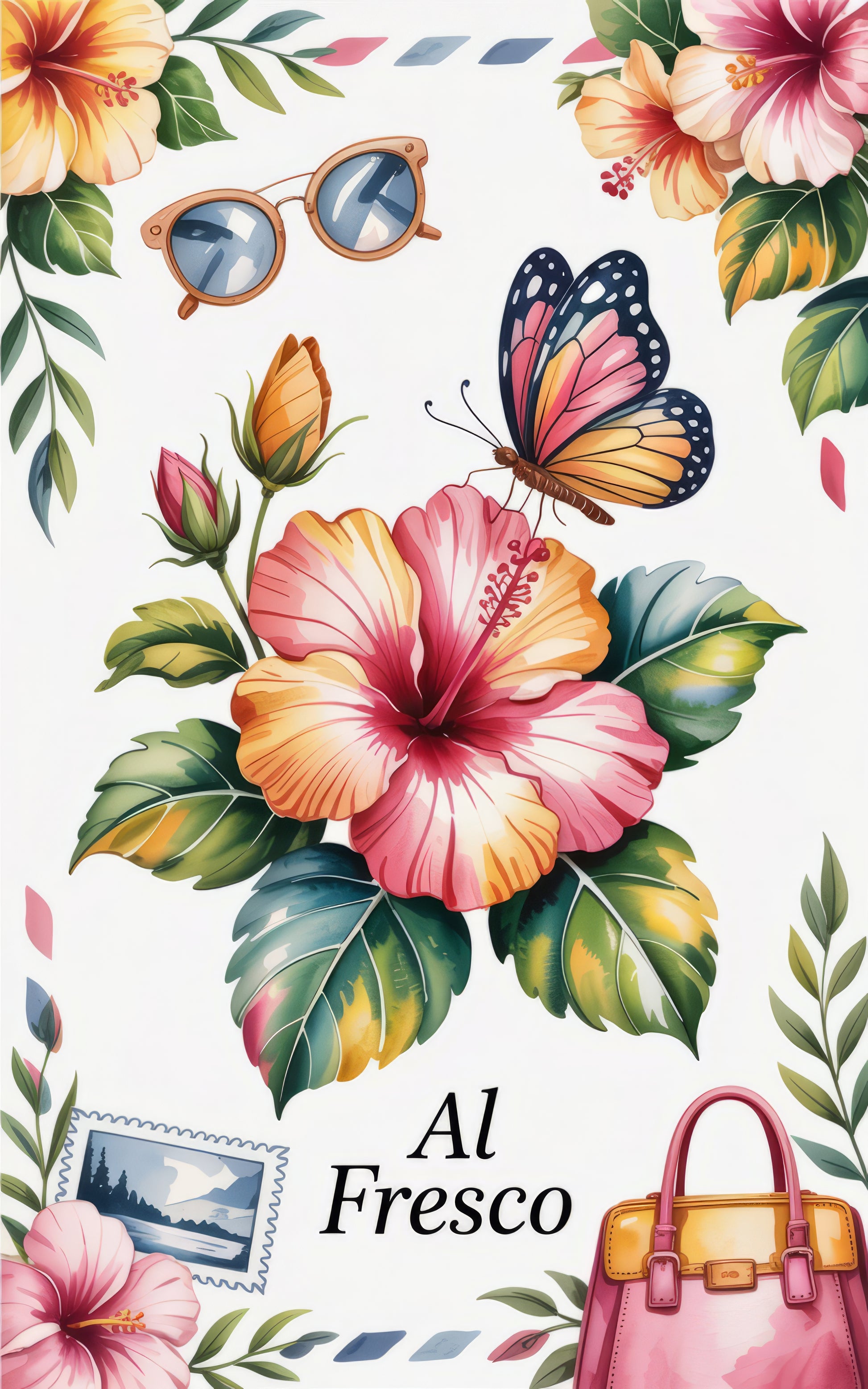 Tropical Floral Wall Art Print, Hibiscus Flowers, Butterfly Illustration, Summer Home Decor