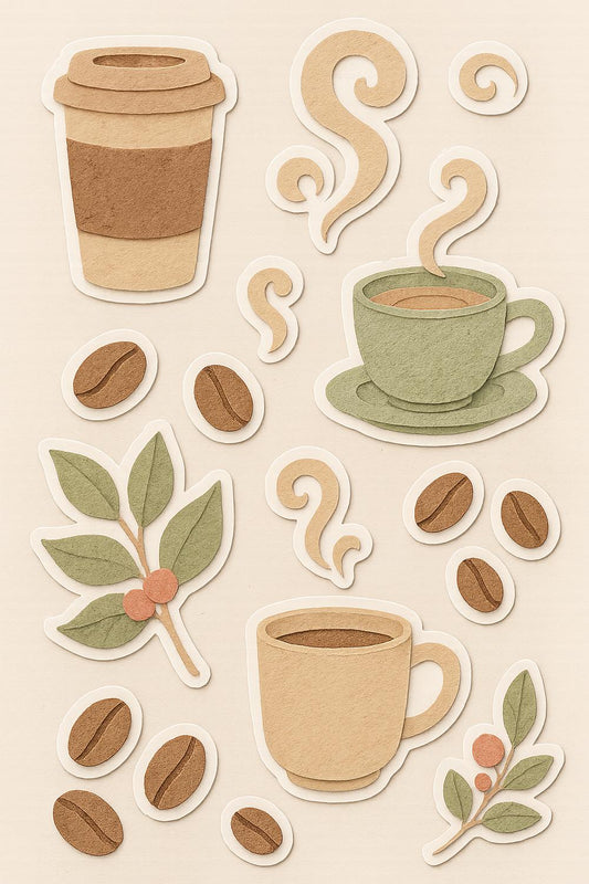 Coffee Cup and Bean Die Cut Stickers, Paper Craft Supplies, Scrapbooking Embellishments, Planner Accessories