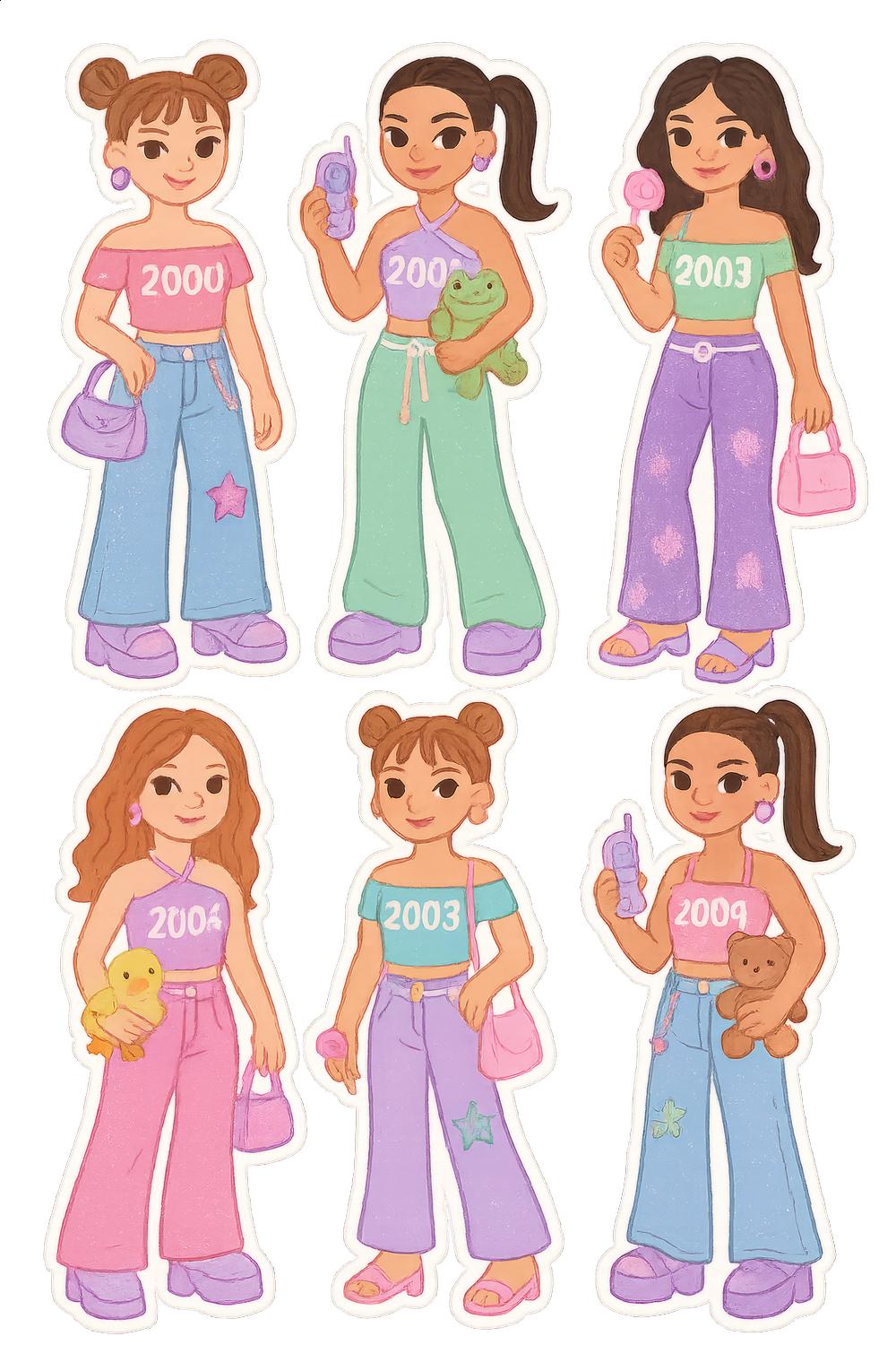 Y2K Fashion Illustration Print Set, Digital Download, Teen Girls with Accessories, Retro 2000s Style, Wall Art Decor