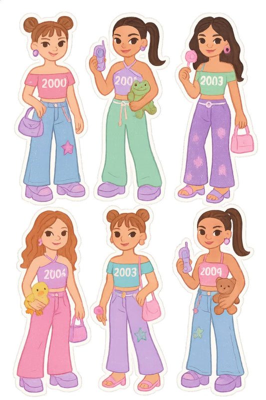 Y2K Fashion Illustration Print Set, Digital Download, Teen Girls with Accessories, Retro 2000s Style, Wall Art Decor