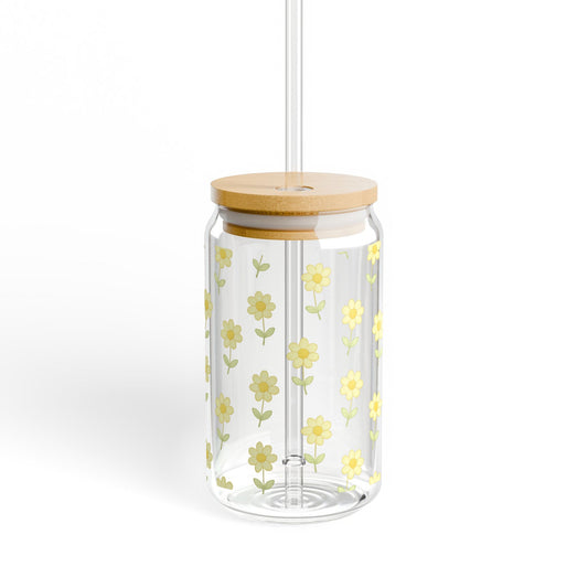 Floral Glass Straw Dispenser with Wooden Lid, Yellow Flower Kitchen Decor
