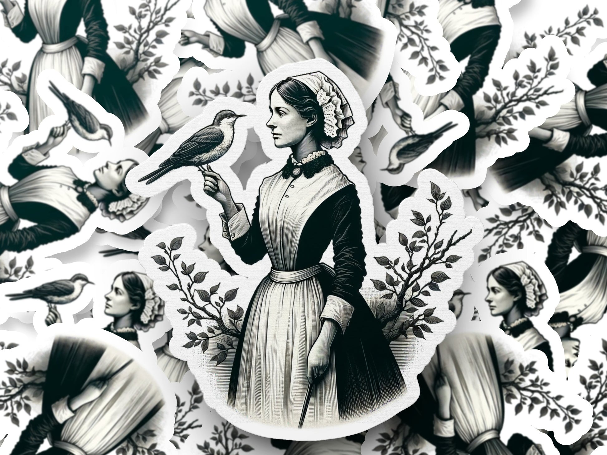 Vintage Victorian Woman and Bird Illustration, Classic Monochrome Art Print, Elegant Home Decor, Unique Wall Art, Gift Idea