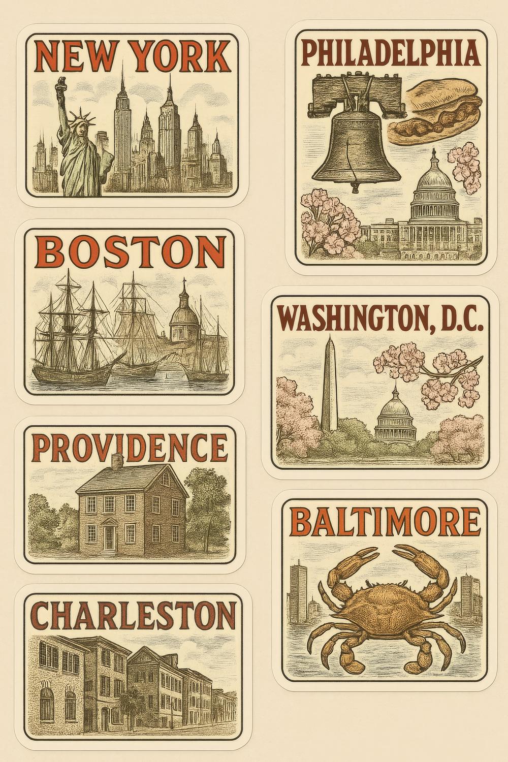 Vintage City Illustration Art Prints New York Boston Philadelphia Washington Set of Six
