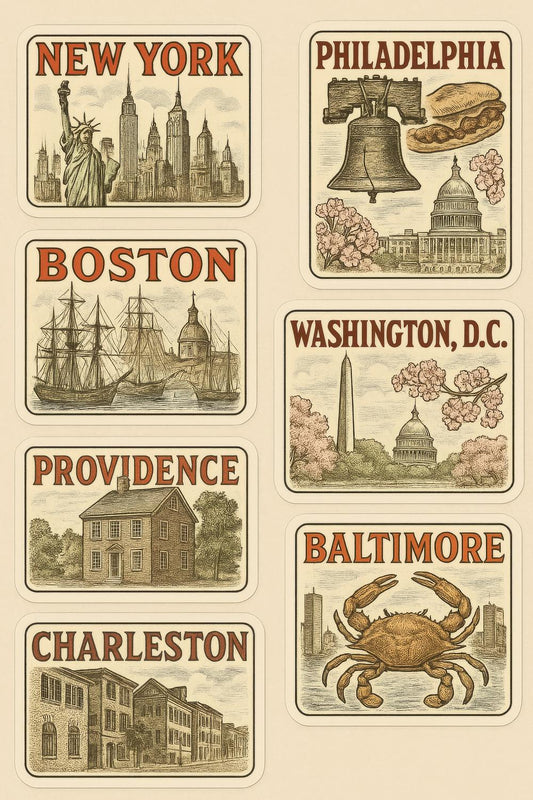 Vintage City Illustration Art Prints New York Boston Philadelphia Washington Set of Six