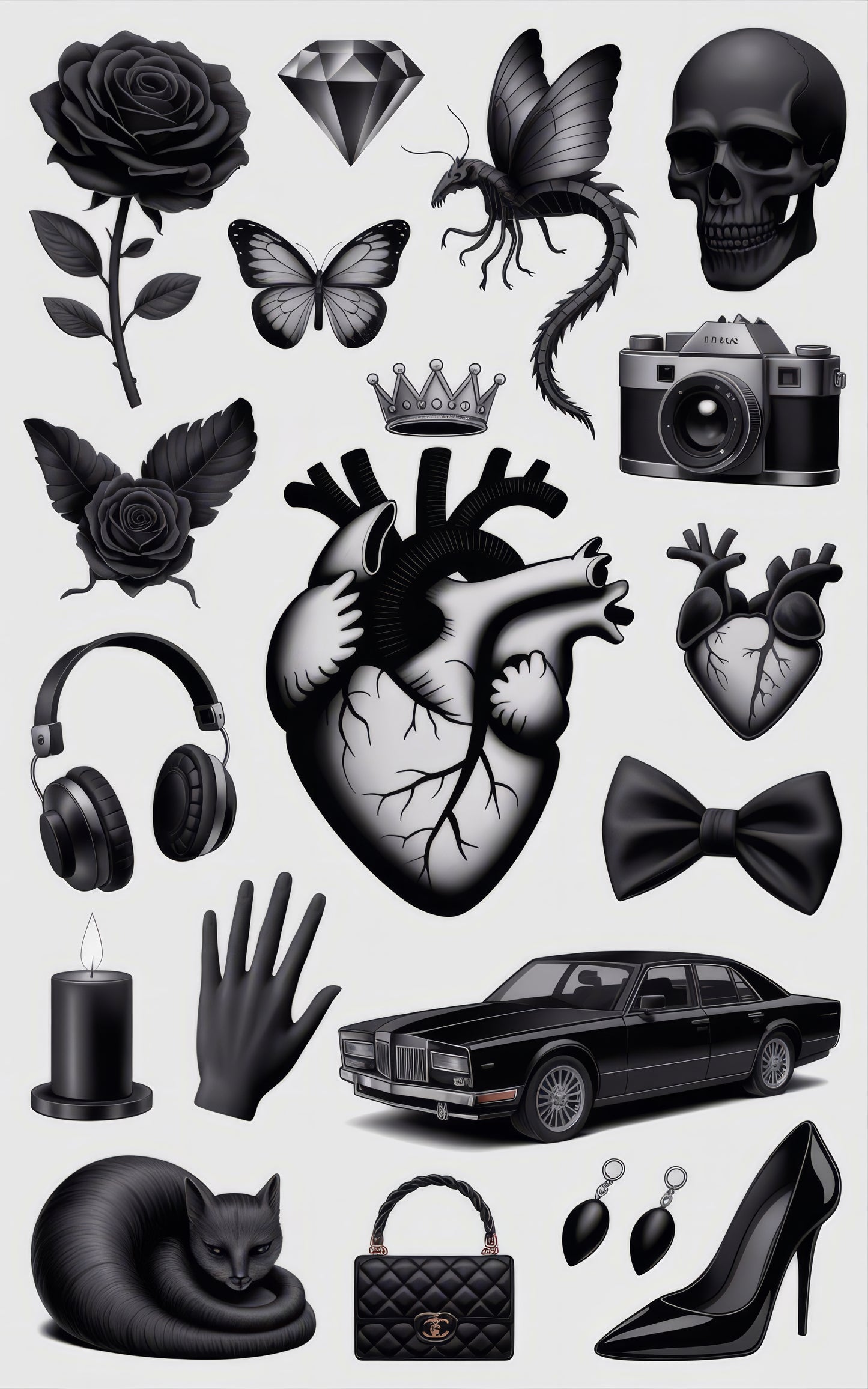 Gothic Stickers Bundle, Rose, Skull, Butterfly, Heart, Car, Black Cat, Camera, Fashion Items
