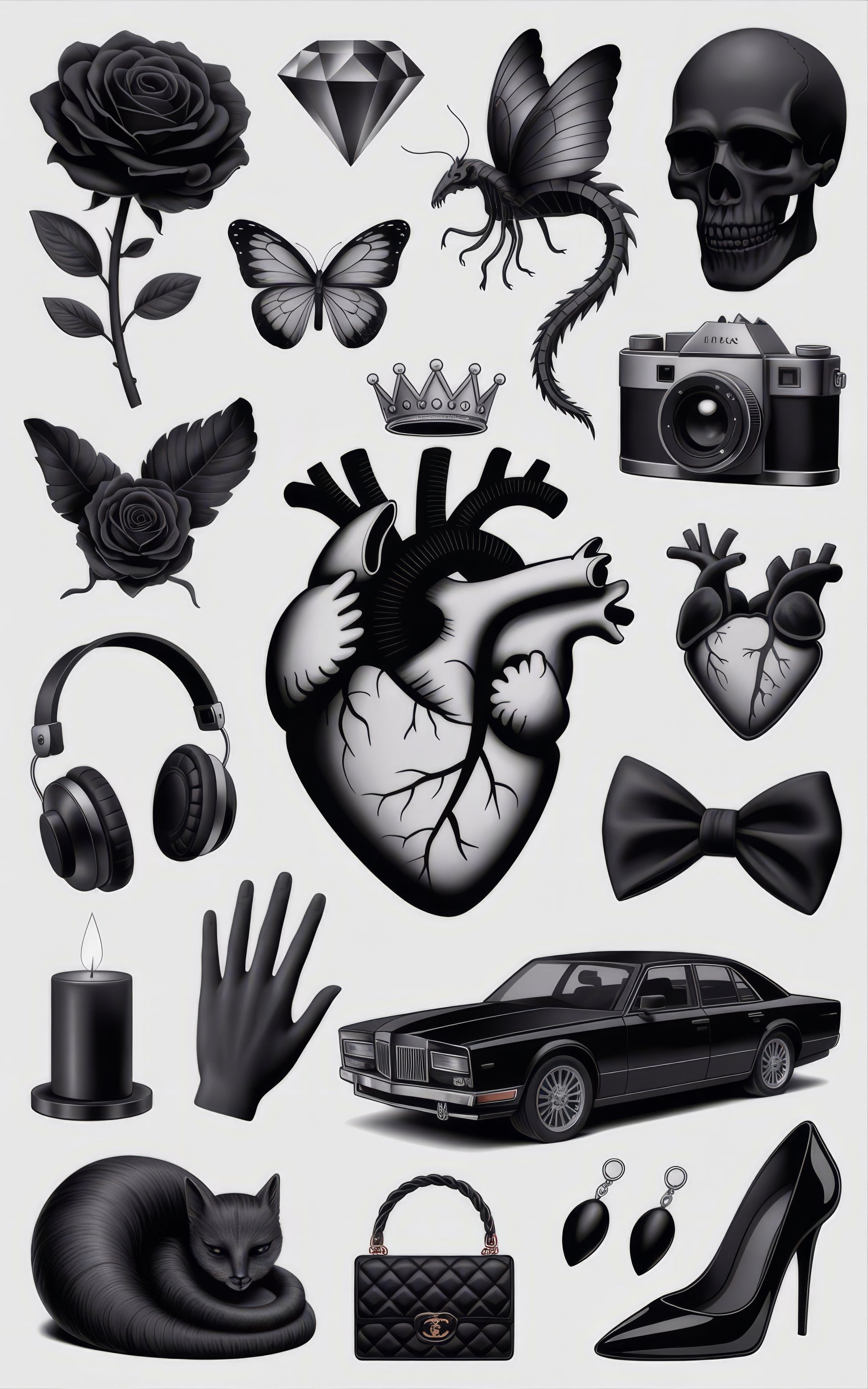 Gothic Stickers Bundle, Rose, Skull, Butterfly, Heart, Car, Black Cat, Camera, Fashion Items