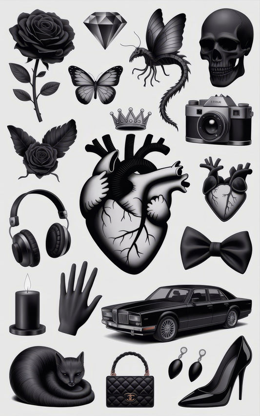 Gothic Stickers Bundle, Rose, Skull, Butterfly, Heart, Car, Black Cat, Camera, Fashion Items