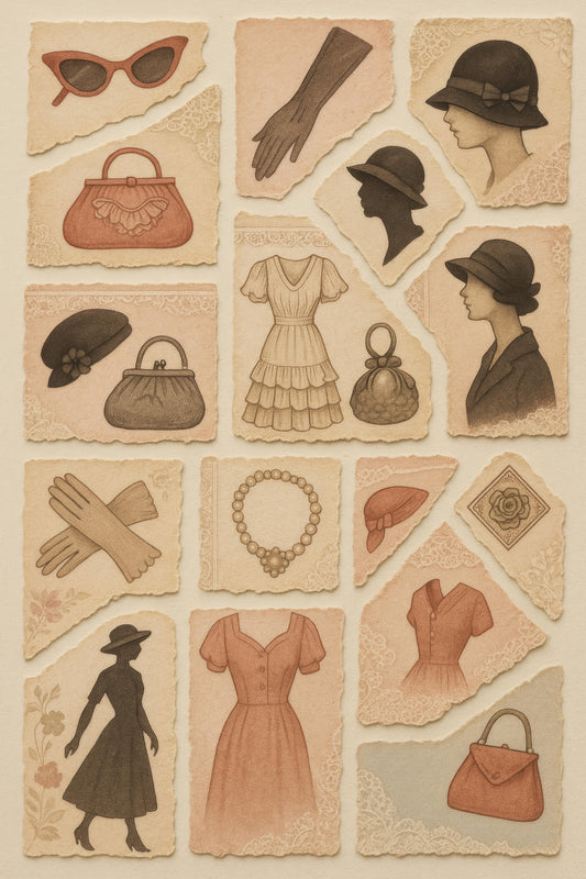 Vintage Fashion Illustration Print, Retro Dresses Hats Bags, Classic Style Wall Art, Feminine Decor, Gift for Fashionistas, Elegant Chic