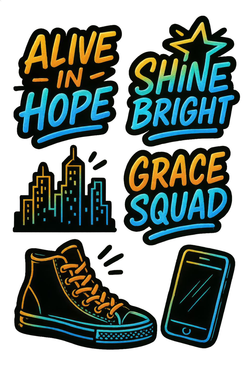 Vibrant Urban Sticker Pack, Alive in Hope, Shine Bright, Grace Squad, City Skyline, Sneaker Decal, Phone Sticker
