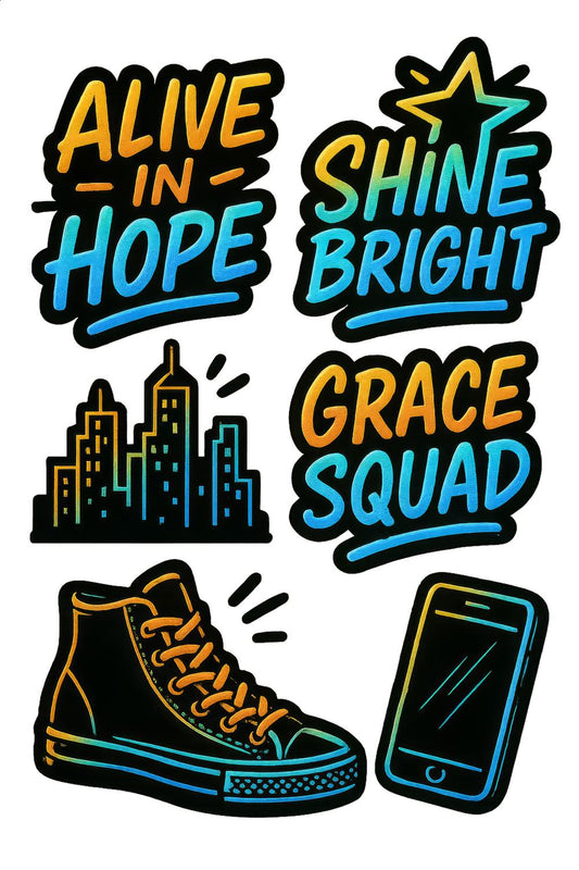 Vibrant Urban Sticker Pack, Alive in Hope, Shine Bright, Grace Squad, City Skyline, Sneaker Decal, Phone Sticker