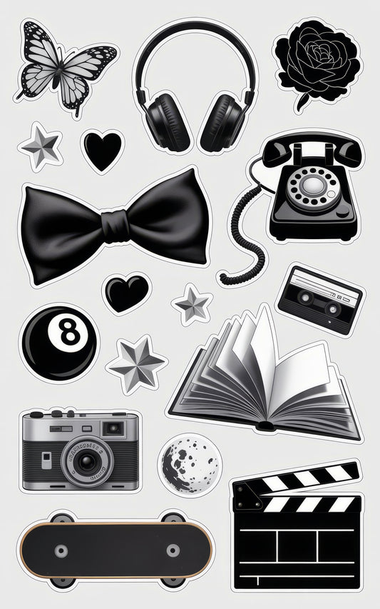 Vintage Sticker Pack, Retro Camera, Phone, Skateboard, Butterfly, Cassette Tape, Film Clapboard, Floral and Star Decals