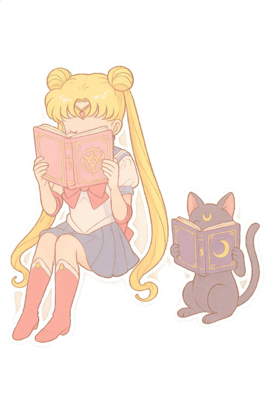 Anime Style Blonde Girl and Cat Reading Book Art Print, Vintage Soft Palette Wall Decor
