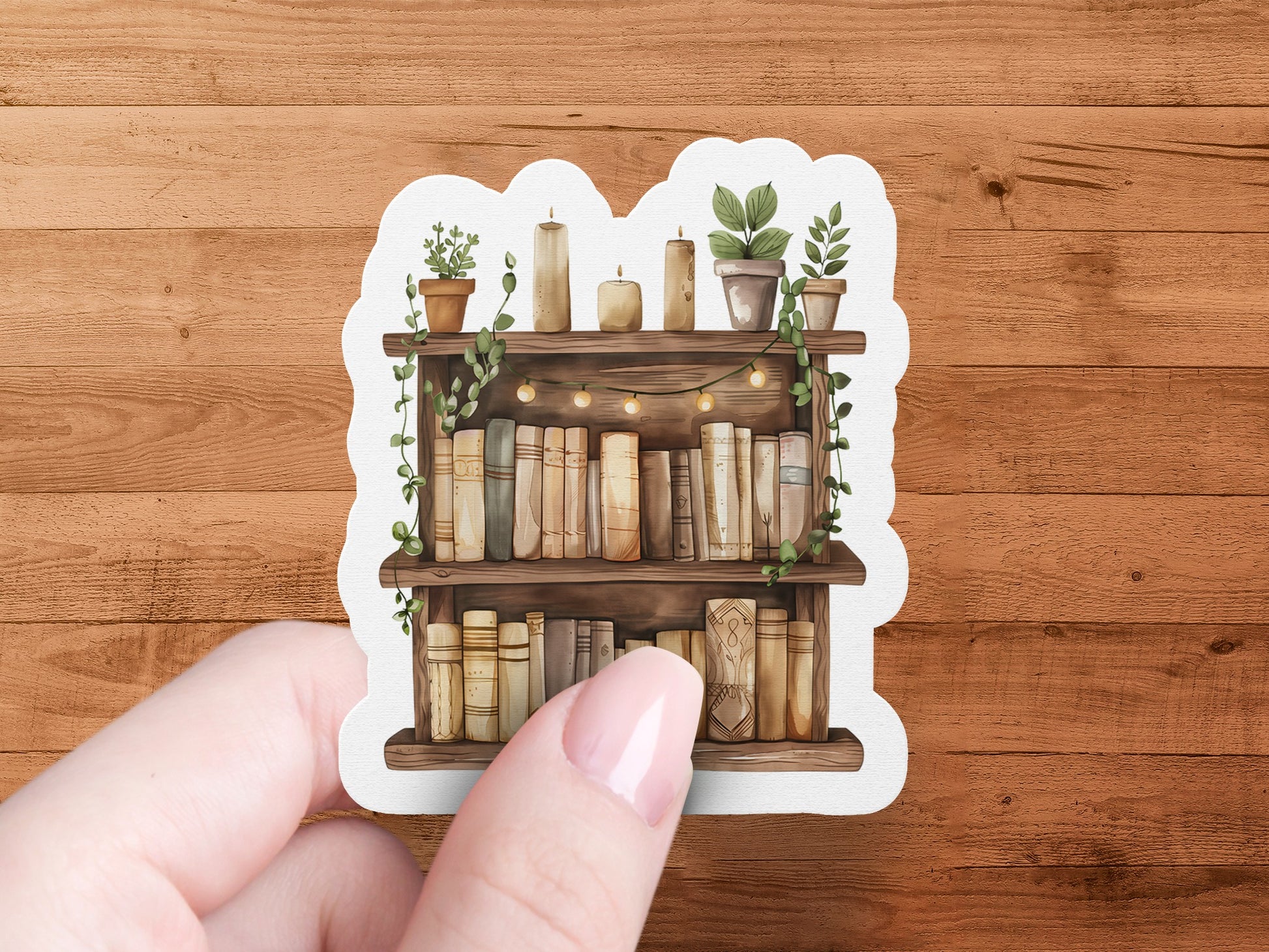 Wooden bookshelf with plants and books sticker product