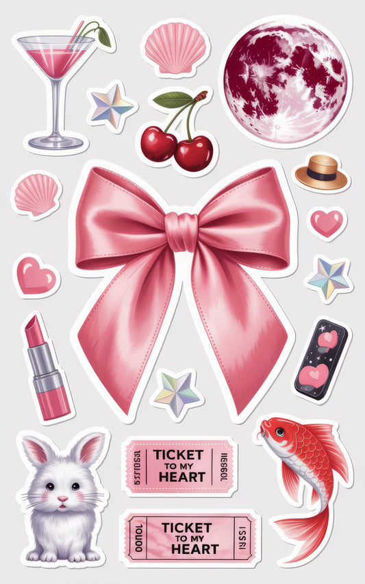Cute Sticker Pack, Pink Bow, Cosmopolitan Drink, Cherry, Koi Fish, Bunny, Ticket to Heart