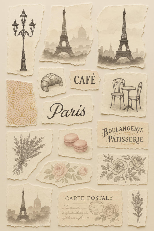 Vintage Paris Theme Stickers, Eiffel Tower, French Cafe, Macarons, Floral Designs, Scrapbooking, Craft Supplies, Decal Set