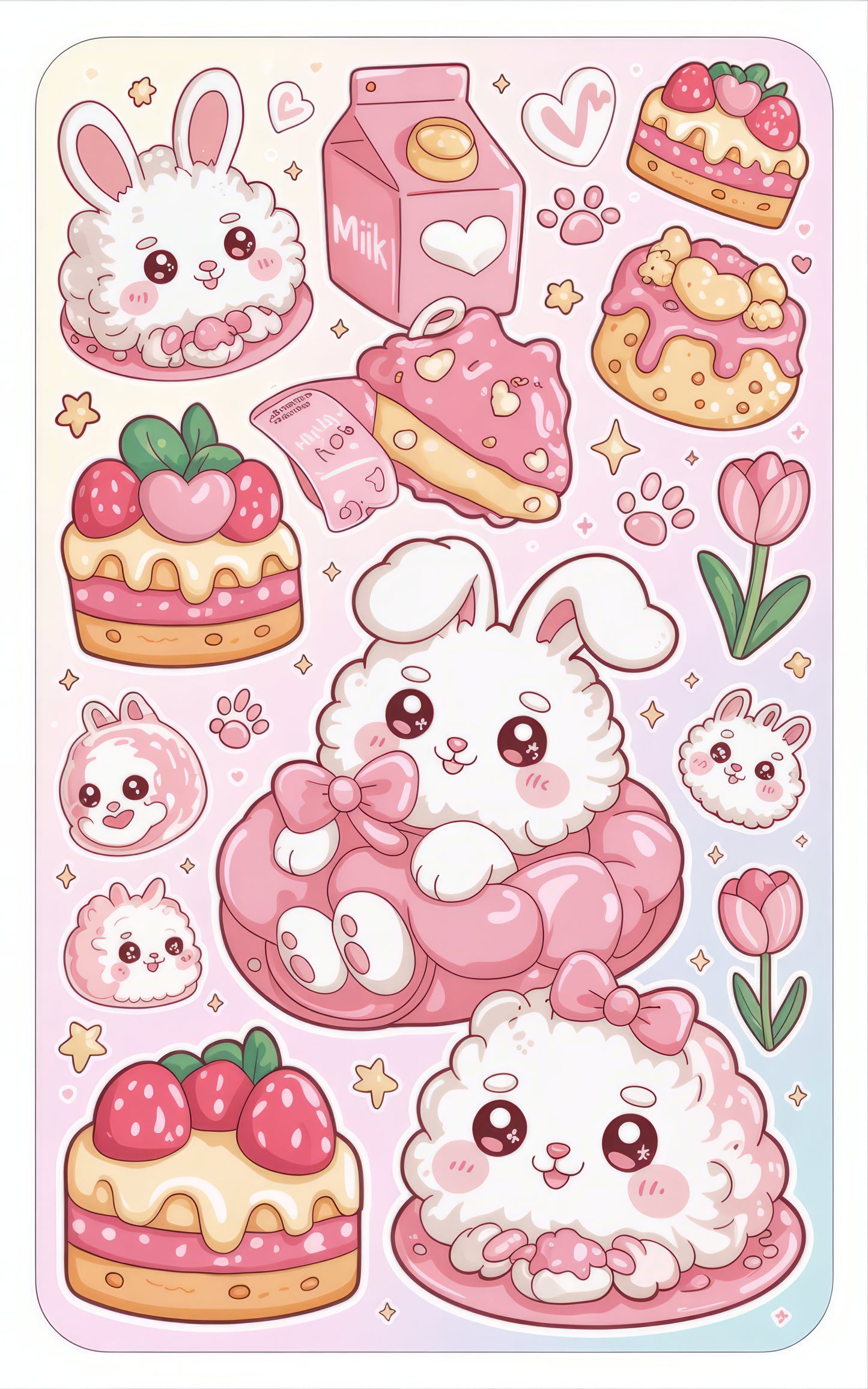 Cute Bunny and Desserts Sticker Sheet, Kawaii Rabbit, Pastel Colors, Milk Carton, Strawberry Cake, Tulips, Heart Shapes, Adorable Stationery