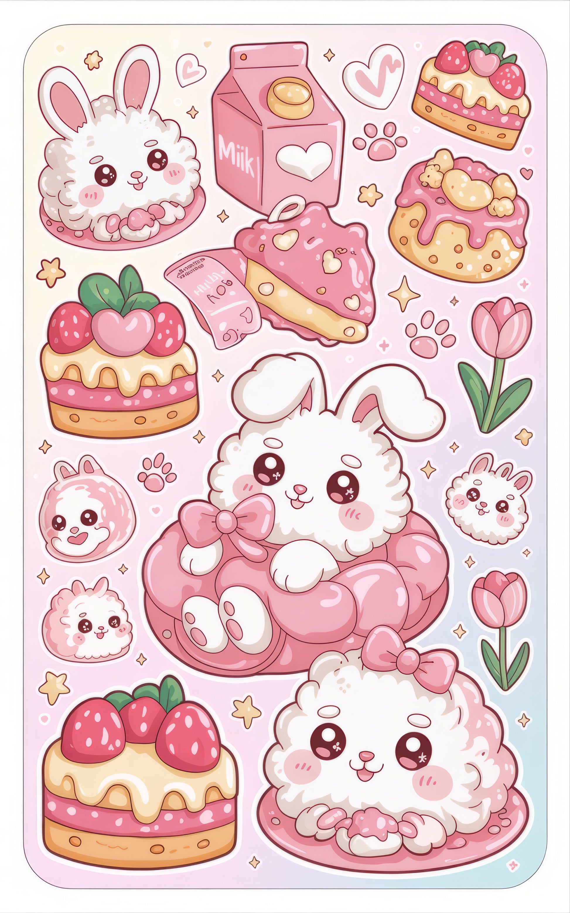 Cute Bunny and Desserts Sticker Sheet, Kawaii Rabbit, Pastel Colors, Milk Carton, Strawberry Cake, Tulips, Heart Shapes, Adorable Stationery