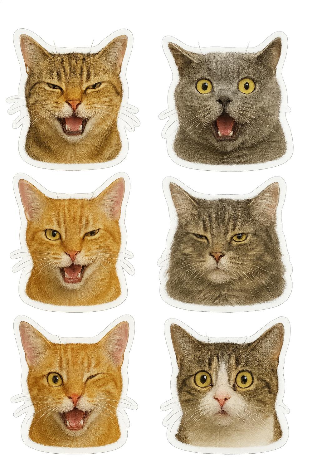 Cat Face Stickers Set, Cute Funny Cats Expression Decals, Multi-Breed Cat Lover Gift, Pack of 6