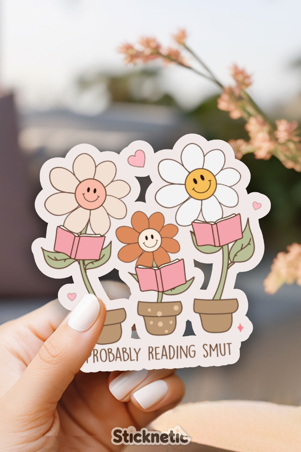 Cute Smiling Flowers Probably Reading Smut Sticker product type