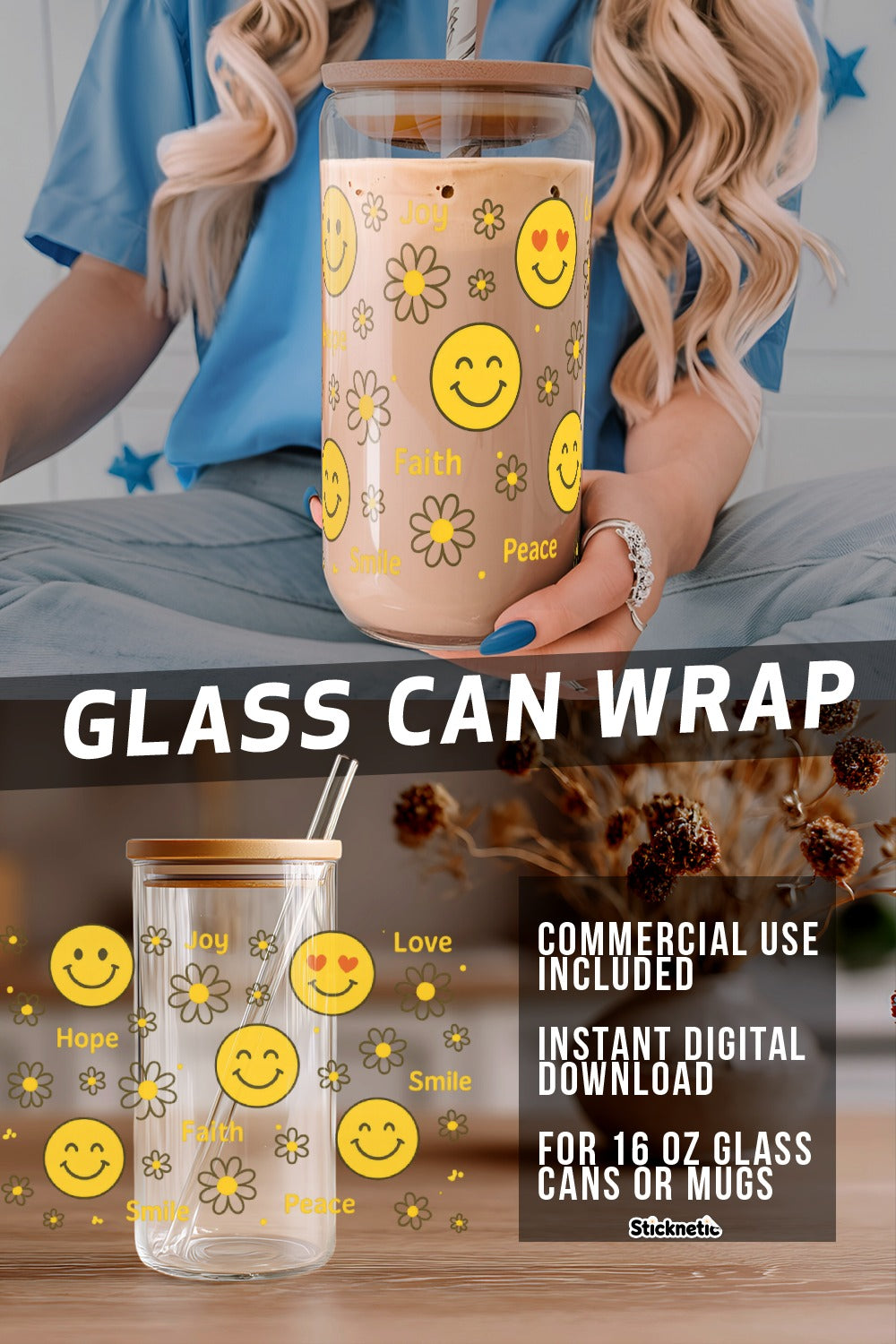 Smiley Face Glass Can Wrap SVG, Instant Download, Commercial Use, Digital File for 16 oz Glass, DIY Tumbler Design Template
