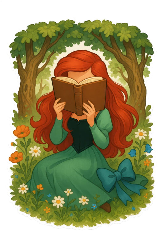 Whimsical Redhead Girl Reading Book in Forest Illustration, Fairy Tale Art Print, Children's Room Decor, Magical Outdoor Scene Wall Art