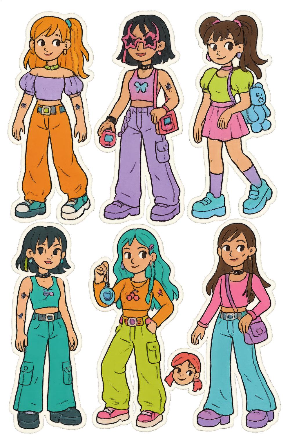 Set of Six Retro Fashion Girl Stickers, Colorful Cartoon Character Decals, 90s Inspired Fashionable Outfit Stickers