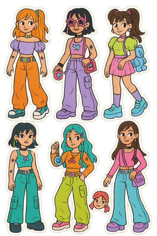Set of Six Retro Fashion Girl Stickers, Colorful Cartoon Character Decals, 90s Inspired Fashionable Outfit Stickers