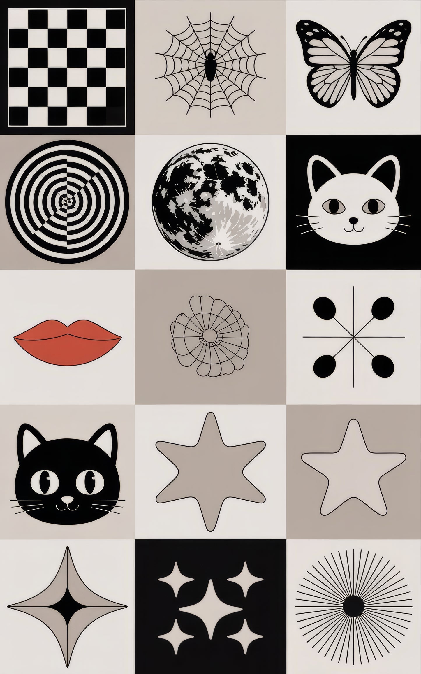 Monochrome Art Print Set, Modern Minimalist Decor, Chess, Spiderweb, Butterfly, Cat Illustrations