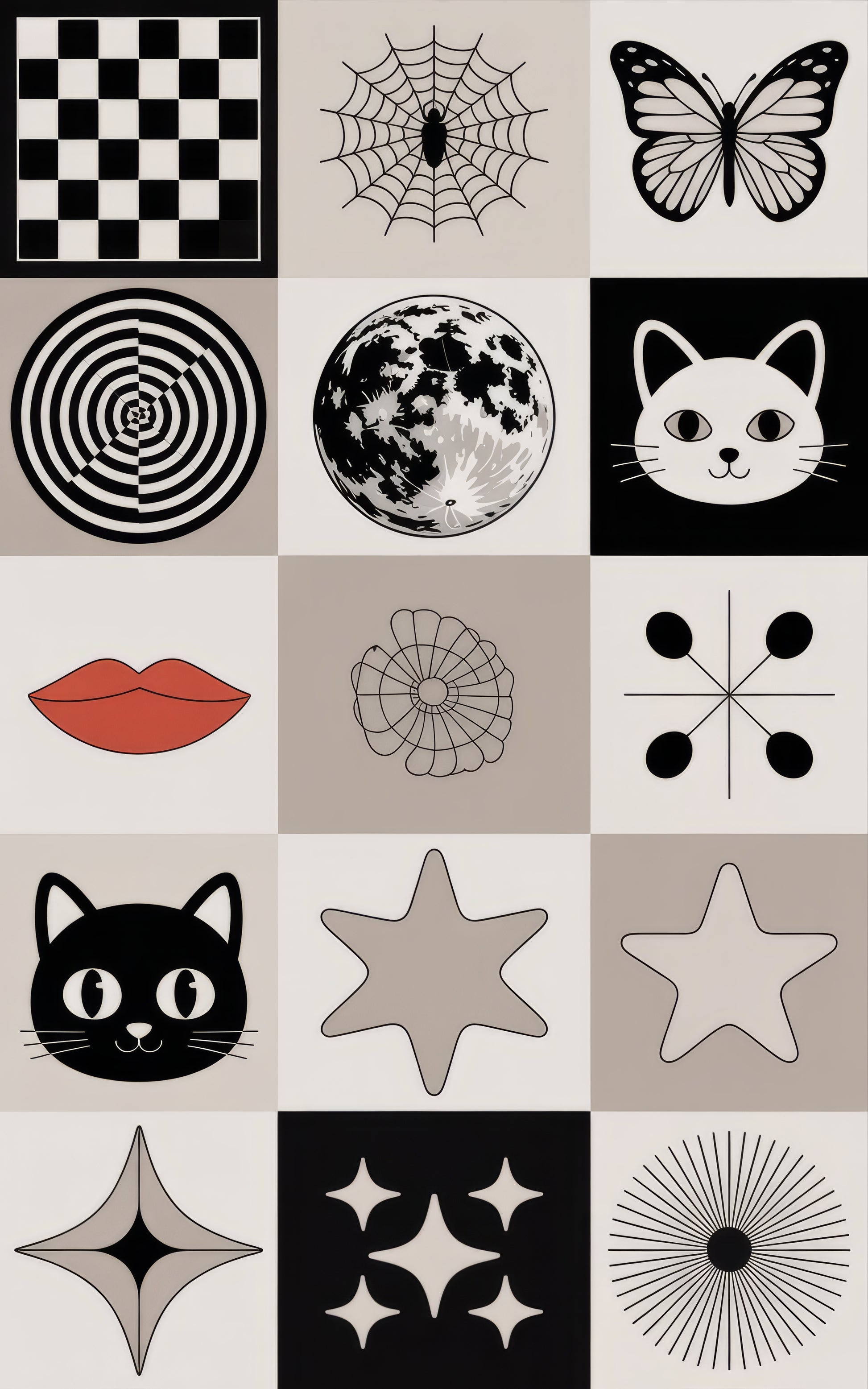 Monochrome Art Print Set, Modern Minimalist Decor, Chess, Spiderweb, Butterfly, Cat Illustrations