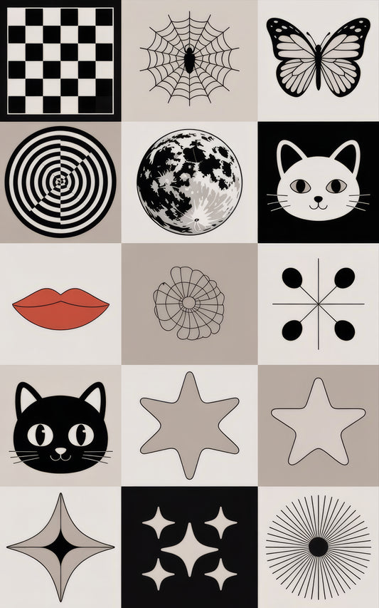 Monochrome Art Print Set, Modern Minimalist Decor, Chess, Spiderweb, Butterfly, Cat Illustrations