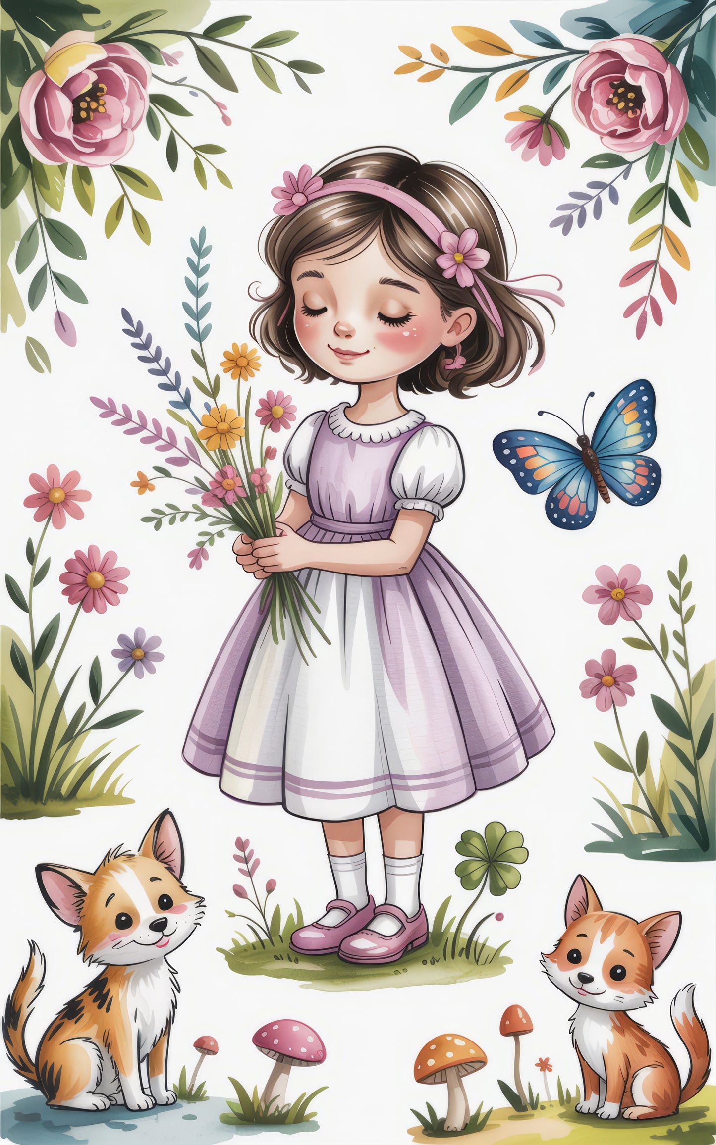 Charming Girl with Flowers and Dogs Art Print, Butterfly Illustration, Floral Kids Room Decor