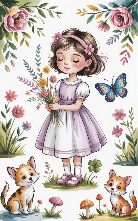 Charming Girl with Flowers and Dogs Art Print, Butterfly Illustration, Floral Kids Room Decor