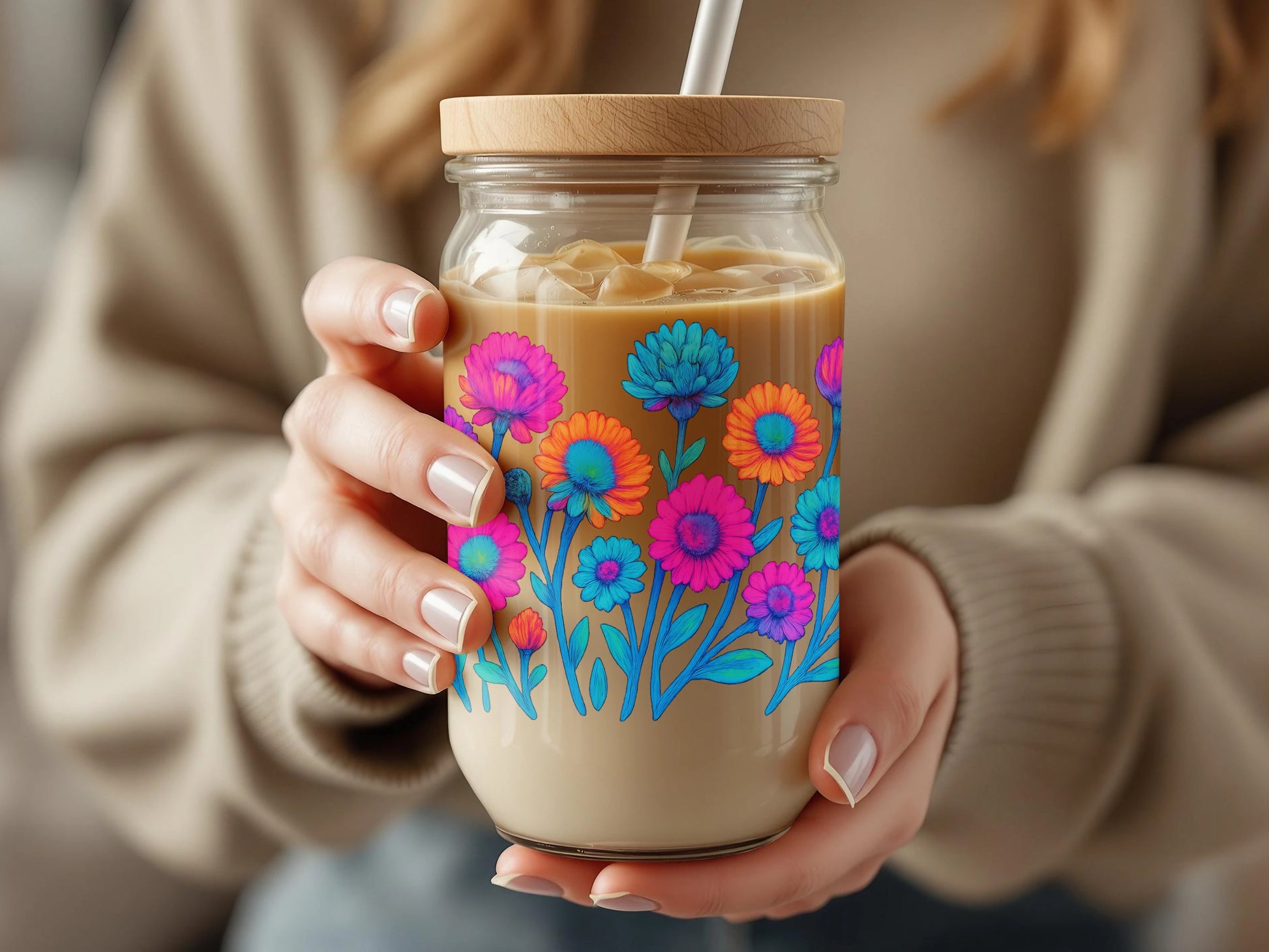 Floral Mason Jar Tumbler, Colorful Daisy Print Glass, Insulated Coffee Cup, Reusable Drinkware for Cold Beverages